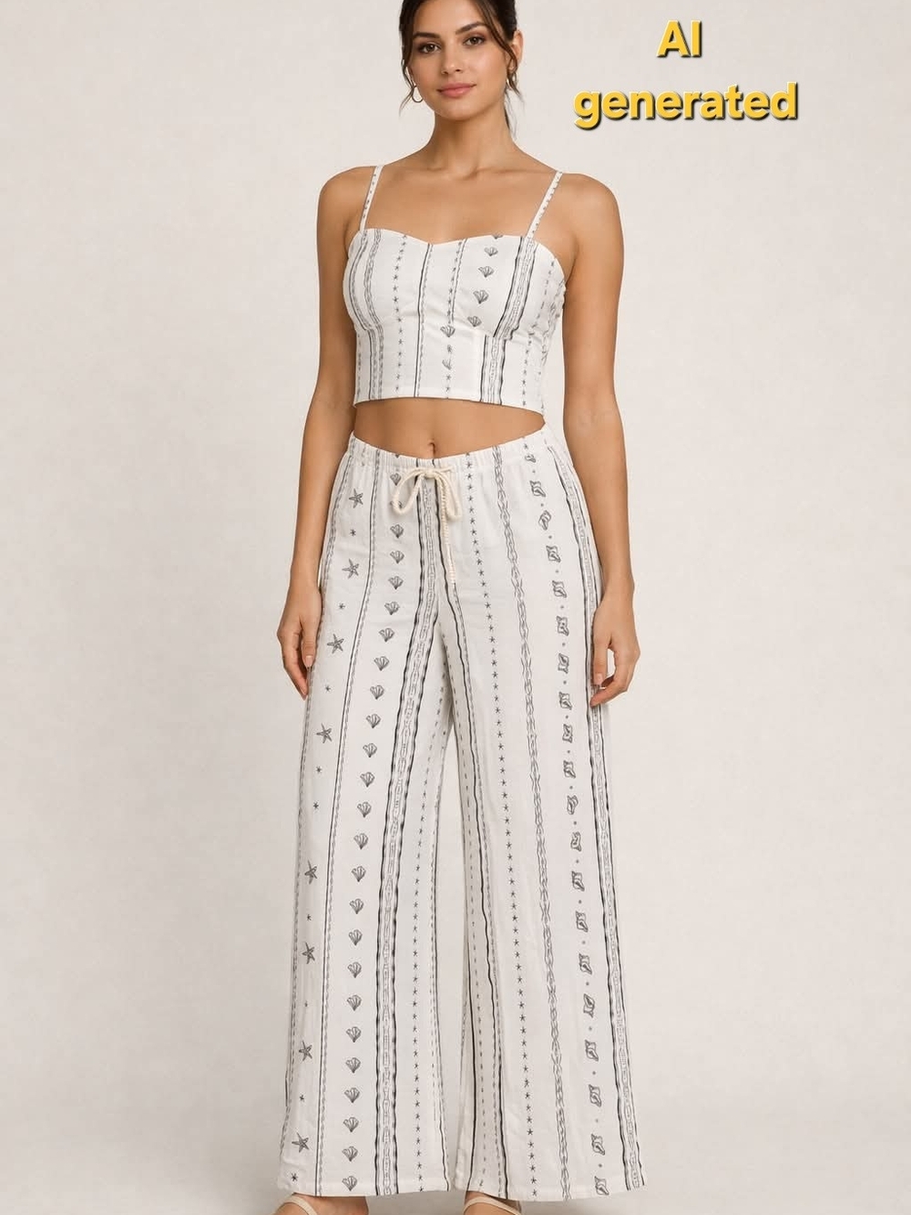 Midnight Sky Linen Blend Striped Seashell Crop Top & Palazzo Pants Set, Medium